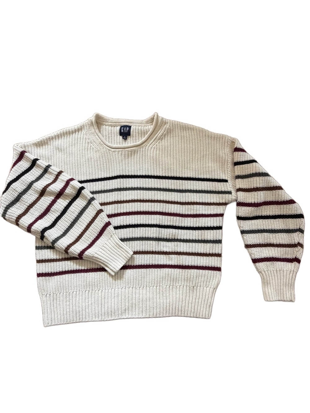 GAP Striped Shaker Knit Crewneck Sweater Cream Burgundy Gray Fall 25 Size M Wom